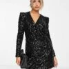 French Connection Mini Dress With Shoulder Pads In Black Sequin For Women