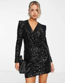 French Connection Mini Dress With Shoulder Pads In Black Sequin For Women