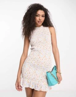 French Connection Shirred Mini Dress In White Floral For Women