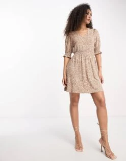 French Connection Shirred Waist Mini Dress In Brown Spot For Women