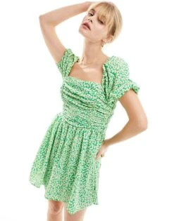 French Connection Puff Sleeve Mini Dress With Gathered Bust In Green Spot For Women Poise Green