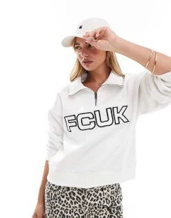 French Connection FCUK Half Zip Up Logo Sweatshirt In White For Women