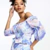 French Connection Gathered Mesh Crop Top In Marble Co-ord For Women Blue Marble