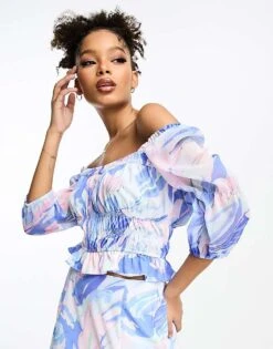 French Connection Gathered Mesh Crop Top In Marble Co-ord For Women Blue Marble