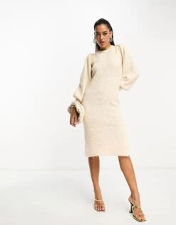 French Connection Puff Sleeve Knit Midi Dress In Oatmeal For Women
