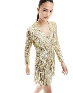 French Connection Wrap Front Embellished Mini Dress In Gold For Women