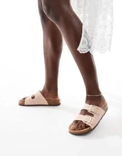 French Connection Double Buckle Footbed Sandals In Light Pink For Women