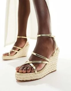 French Connection Wedge Strappy Sandals In Gold For Women