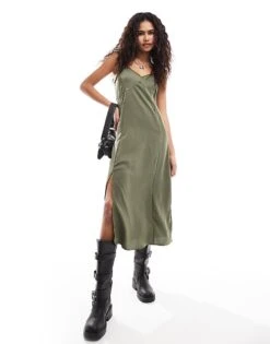 French Connection Satin Midi Slip Dress In Khaki For Women