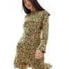 French Connection Aleezia Textured Long Sleeve Flippy Mini Dress In Green Floral For Women
