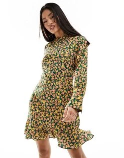 French Connection Aleezia Textured Long Sleeve Flippy Mini Dress In Green Floral For Women