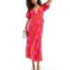 French Connection Christy Wrapover Puff Sleeve Midi Dress In Red And Lilac Blur For Women Red/lilac