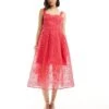 French Connection Embroidered Lace Sweetheart Midi Dress In Red Azalea For Women