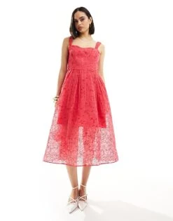 French Connection Embroidered Lace Sweetheart Midi Dress In Red Azalea For Women