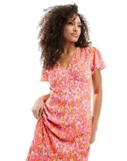 French Connection Cass Flutter Sleeve Midi Dress In Orange Floral For Women