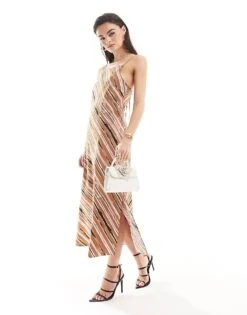 French Connection Gaia Textured Halterneck Midi Dress In Mocha Stripe For Women