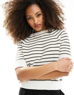 French Connection Short Sleeve Sweater In Olive Stripe For Women