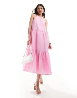 French Connection Tiered Smock Midi Dress In Pink For Women