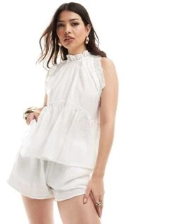 French Connection High Neck Top With Frill Detail In Cream For Women White