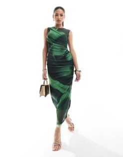 French Connection Tarissa Mesh Midi Dress In Green Abstract Print For Women Green/black