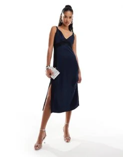 French Connection Ennis Satin Lace Midi Dress In Navy For Women Marine Blue