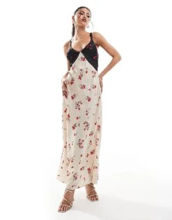French Connection Satin Midi Dress In Mixed Print With Lace Insert In Cream And Black For Women Cream/black