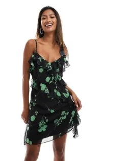 French Connection Mini Dress With Frill Detail In Black Floral Print For Women Black/green