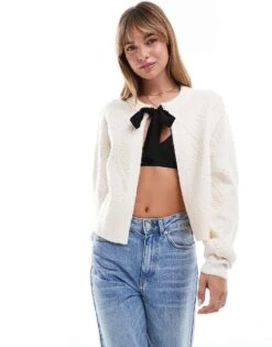 French Connection Kitty Knitted Cardigan With Bow Detail In Winter White For Women Cream