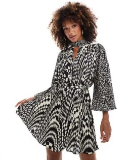 French Connection Fern High Neck Pleated Mini Dress With Tie Waist In Mono Print For Women Black/cream