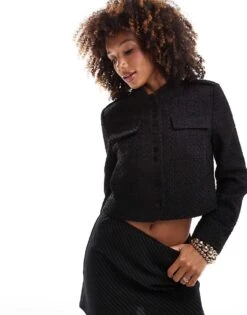 French Connection Tweed Tailored Jacket In Black For Women