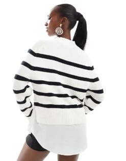 French Connection 2 In 1 Funnel Neck Jumper With Shirt Underlay In White And Black Stripe For Women White/black