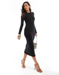 French Connection Cosy Knitted Crew Neck Midi Pencil Dress In Black For Women