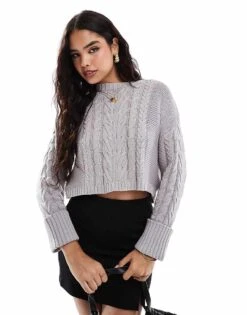French Connection Cropped Cable Knit Jumper In Light Grey For Women