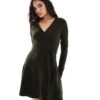 French Connection Soft Knitted Wrap Mini Skater Dress In Khaki For Women