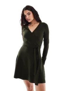 French Connection Soft Knitted Wrap Mini Skater Dress In Khaki For Women