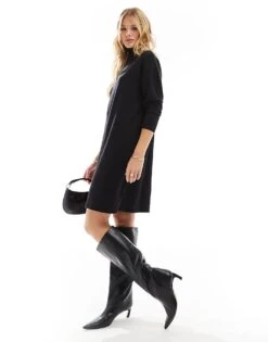 French Connection Cosy Roll Neck Knitted Mini Dress In Black For Women