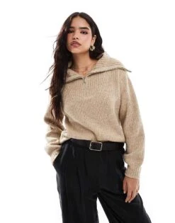 French Connection Half Zip Knitted Jumper In Camel For Women