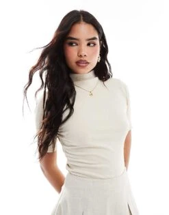 French Connection Turtle Neck Rib Top In Light Stone For Women