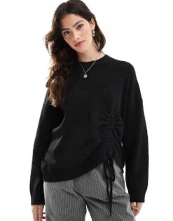 French Connection Crew Neck Jumper With Ruched Tie Front In Black For Women