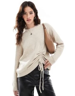 French Connection Crew Neck Jumper With Ruched Tie Front In Oatmeal For Women Oatmeal Melange