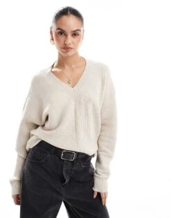 French Connection V Neck Jumper With Stitch Detail In Oatmeal For Women Oatmeal Melange