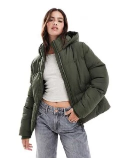 French Connection Hooded Puffer Jacket In Khaki For Women