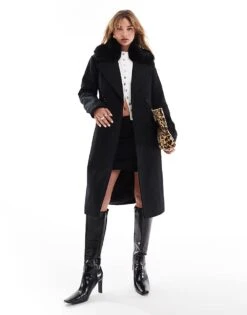 French Connection Faux Fur Trim Coat In Black For Women