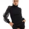 French Connection High Neck Ribbed Top With Sheer Ruffle Sleeves In Black For Women