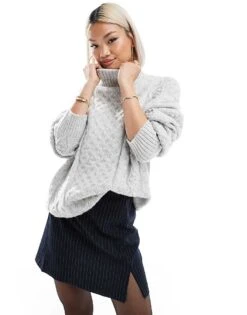 French Connection Cable Knit Long Sleeve Knitted Jumper In Light Grey For Women