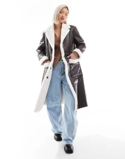 French Connection Faux Shearling Coat In Chocolate For Women