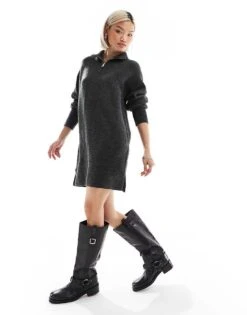 French Connection Knitted Jumper Dress With Half Zip In Grey For Women Charcoal