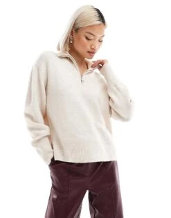 French Connection Half Zip Knitted Jumper In Oatmeal For Women