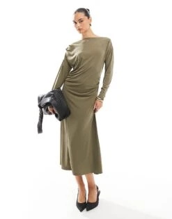 French Connection Slash Neck Slinky Jersey Midi Dress In Khaki For Women