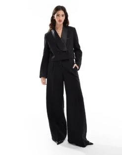 French Connection Cropped Satin Suit Co-ord In Black